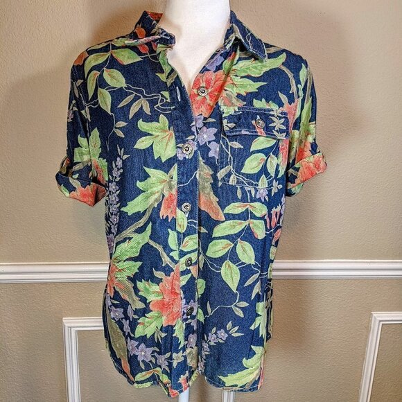 Tropical Short Sleeve Denim Button Down Collared Floral Top - Picture 6 of 6